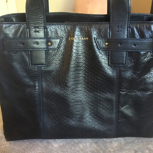 Cole Haan Leather Tote Navy/Black - Picture 2 of 8